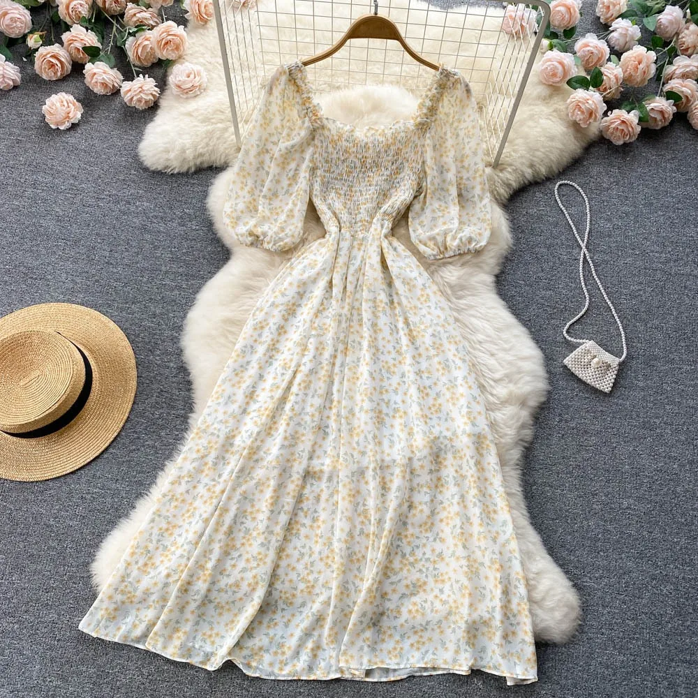 YuooMuoo Korean Fashion Floral Print Chiffon Party Dress Summer Two Layers Puff Sleeve Vacation Women Dress Beach Vestidos