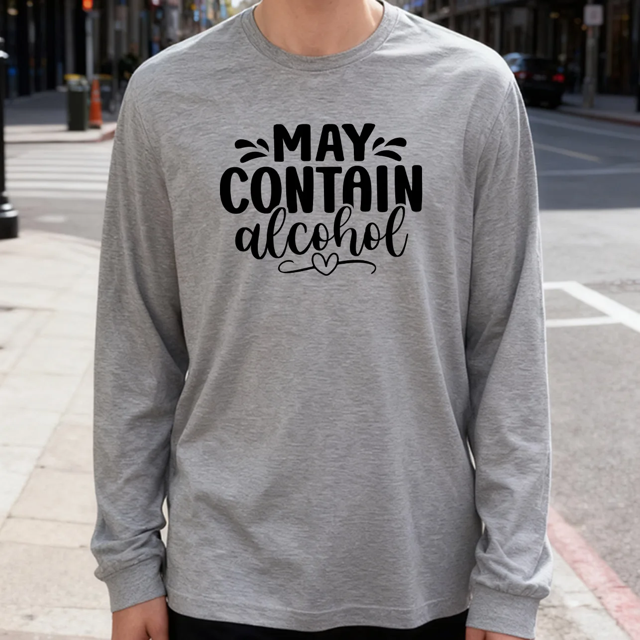 May Contain Alcohol and Heart Men's Long Sleeve Tee 100% Cotton 180g Crew Neck Casual Daily Style Soft and Breathable