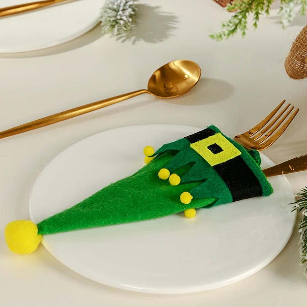 

4 Pcs Elf Hat with Knife and Fork Christmas Table Decoration Cap Cutlery Set Xmas Bag Bottle Mini Cover