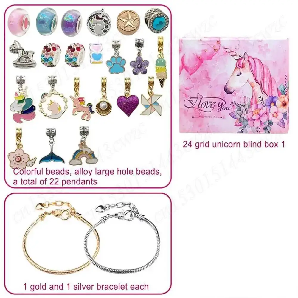 عيد ميلاد سعيد طقم مجوهرات تقويم القدوم هدية صندوق 24 يوما الأزرق يونيكورن سوار ذاتي الصنع قلادة قلادة عيد الميلاد العد التنازلي التقويمات #5