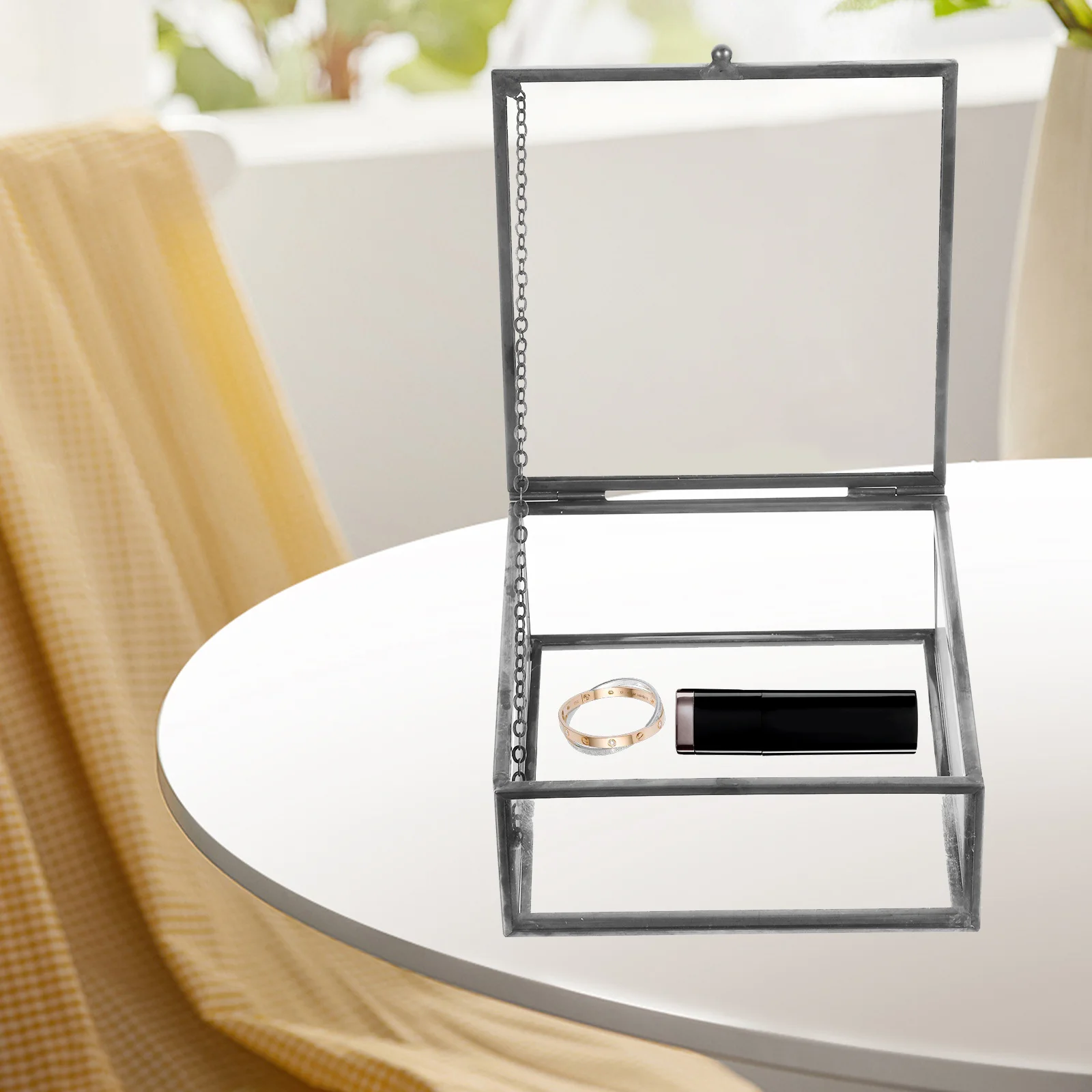 

Glass Jewelry Box Alloy Frame Clear Glass Storage Organizer Retro Style Jewelry Holder for Earrings Rings Pendants Home