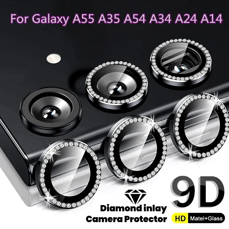 Bling 3D Diamond Metal Camera Ring Protector For Samsung Galaxy A55 A35 A54 A34 A14 5G Alloy Lens HD Tempered Glass Protect Cap