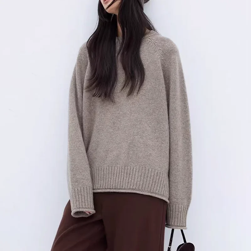 Thickened European goods 100% pure wool sweater women's round-neck rolled-edged loose sweater knitwear