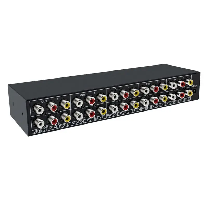 ABUO 8 Way AV Splitter 2 in 8 Out, RCA Composite Video Audio Distributor Amplifier Switcher Box for CCTV