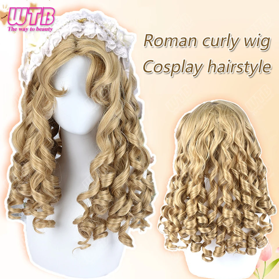 

Lolita Wig Female Synthetic Long Curly Wig Retro Roman Long Curly Blonde Bangs Natural Simulation Hair Wig Halloween Hairstyle