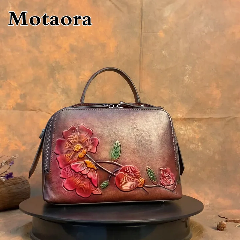 

Vintage Top Grain Leather Pillow Bag Embossed Handmade Women's Luxury Designer Shoulder Bag Brown/Red/Coffee/Green MOTAORA