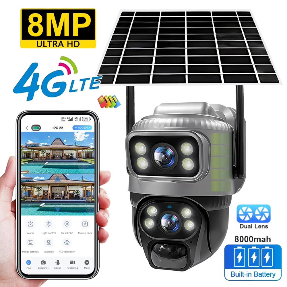 

Камера видеонаблюдения V380 с двумя объективами, 4G, на солнечной батарее, с PIR-датчиком движения, ночным видением, водонепроницаемая, 8 МП, 4K, с аккумулятором, IP-камера, монитор CCTV