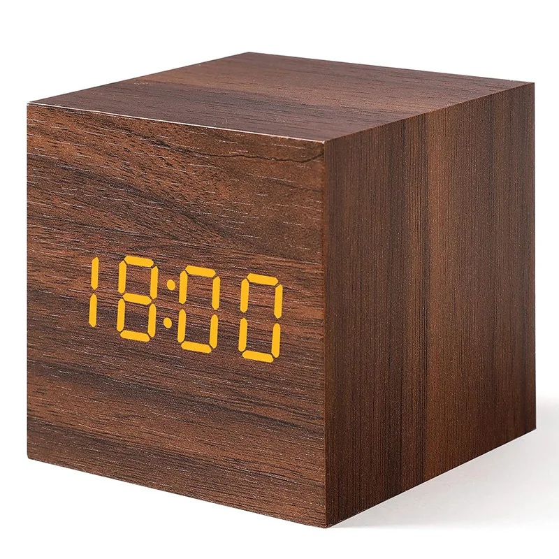 

Wooden Smart Voice - Controlled LED Digital Alarm Clock Square with Temperature Display Electronic Desk Clock for Youngsters