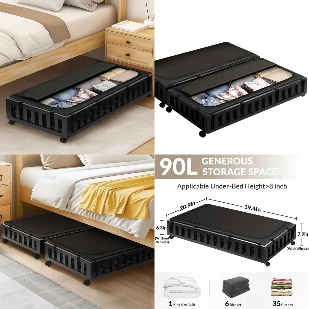 

Dual Wheeled Bamboo Under-Bed Storage Boxes, 39x20x7.8 Large Containers in Black
