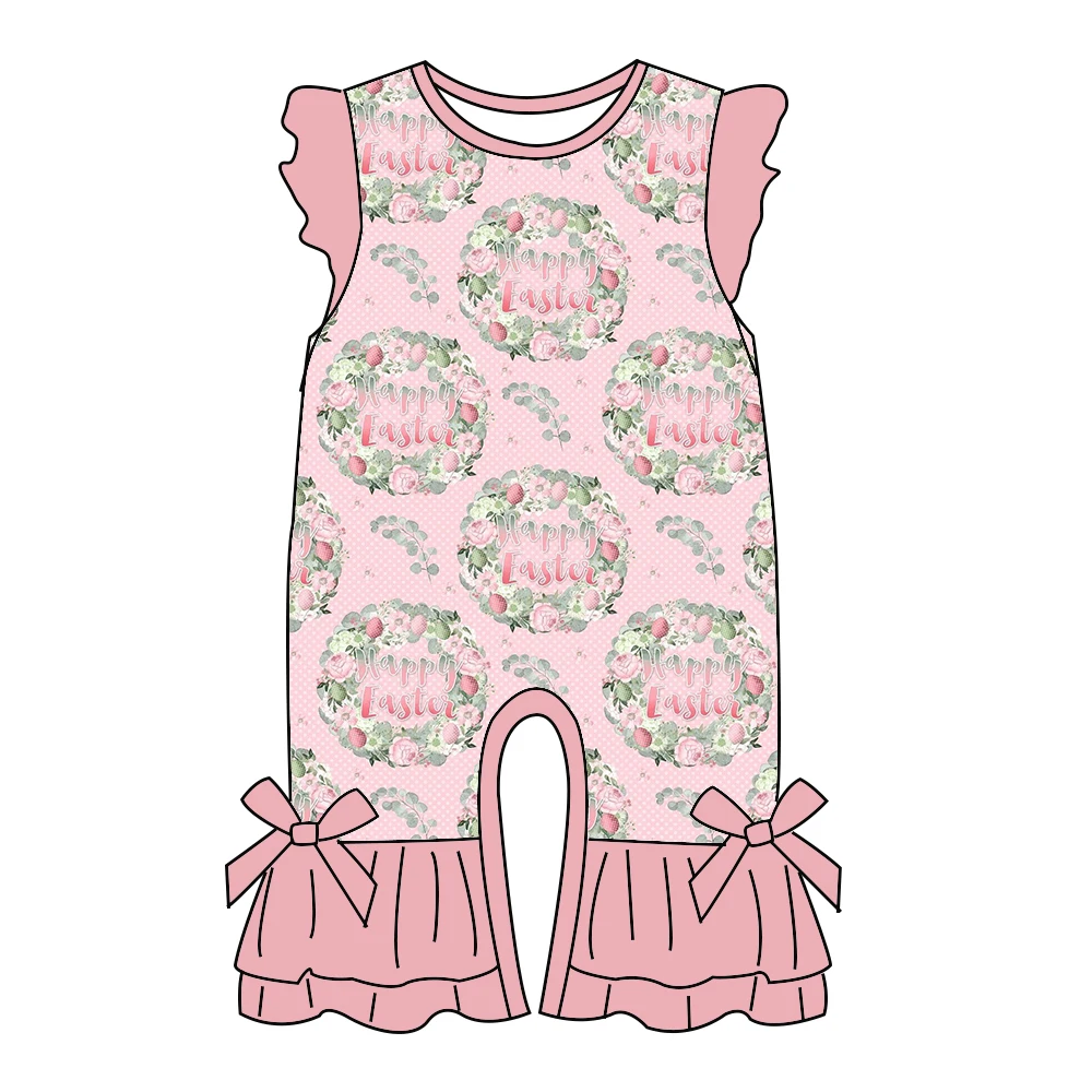 

Оптовая продажа, одежда с пасхальным яйцом и принтом для малышей, комбинезон с летающими рукавами, розовый кролик, пасхальный шелковый комбинезон для маленьких девочек