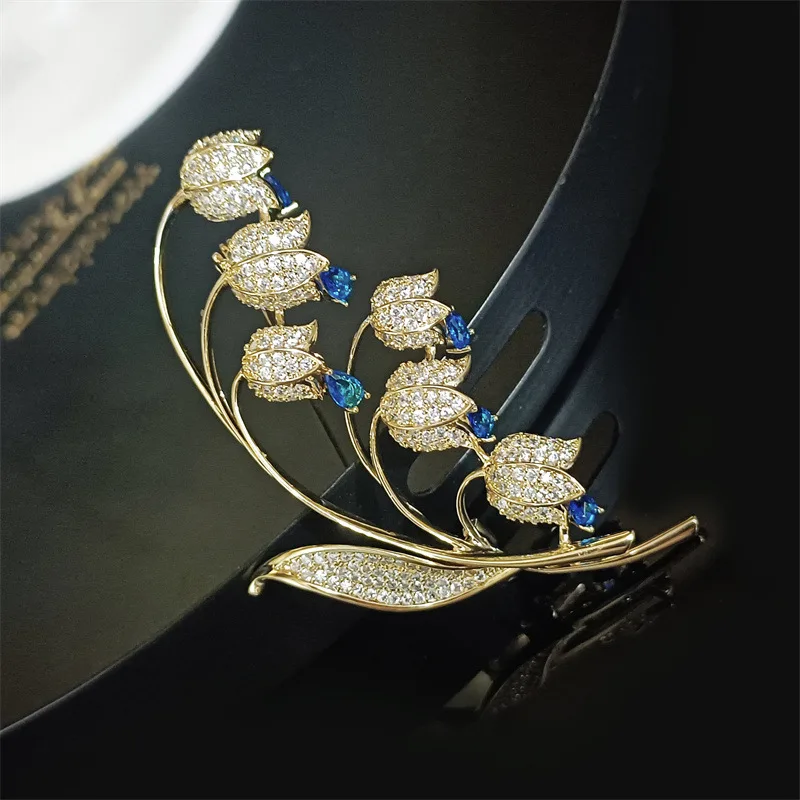 OKILY Brooches 2024 Fashionable Zircon Lily of The Valley Broochpins Autumn Winter Coat Floral Accessory Pins Broch for Clothing