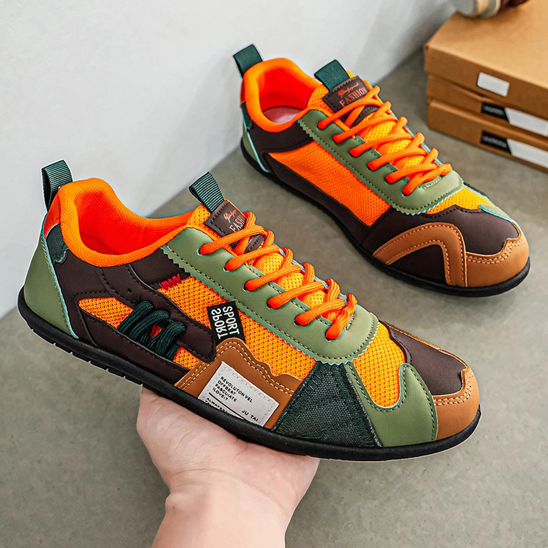 Men'S Green And Beige Breathable Mesh Sneakers Retro Patchwork Casual Shoes With Elastic Laces Non Slip Lightweight Walking