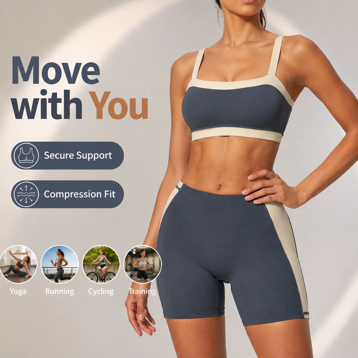 Women 2PCS Yoga Set Sports Bra Bike Shorts Square Neck Wide Strap Athletic Workout Gym Tummy Control