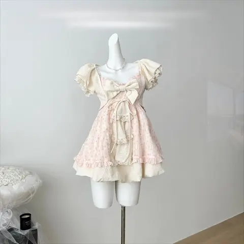 Sweet Lolita Bow Lace Dress Women Puff Sleeve Ruffle Layered Skirt Princess Style Vintage Cottagecore Fairycore Kawaii Outfits
