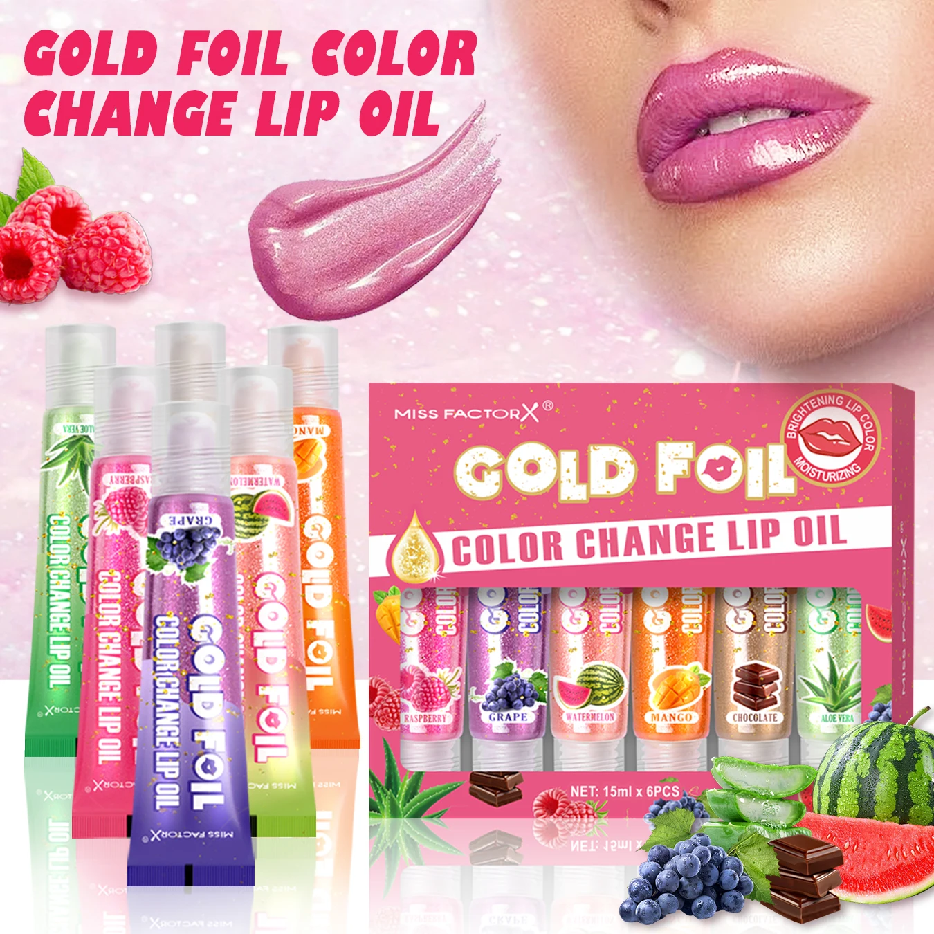 Shiny Lip Oil Gift Set 15ml×6PCS deep moisturizing non-decolorizing gold foil brightening and embellishing lip color gift for wo