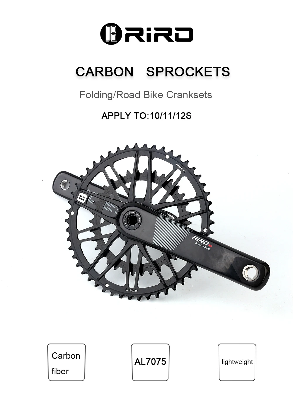 RIRO Carbon Fiber Kurbel Rennrad 11/12 Geschwindigkeit 50-34/53-39T Direct Mount Fahrrad Ultraleichte Kurbelgarnitur 170mm 46/48/50/52T Kettenblatt – Detail 1