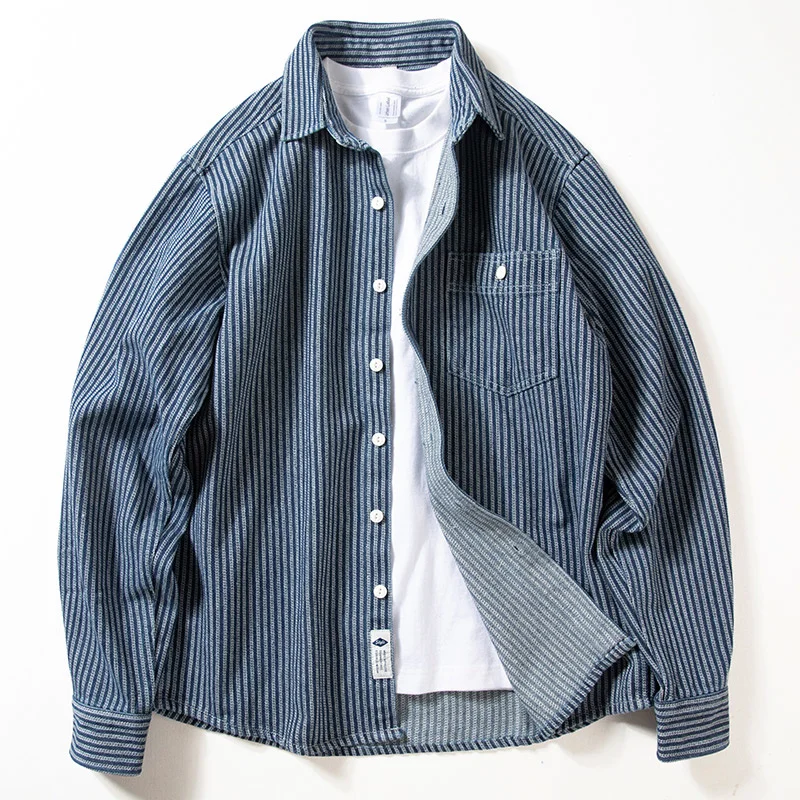 

Denim Shirt Men's Spring Autumn Vintage Stripe Top Loose Long Sleeve Cowboy for Man