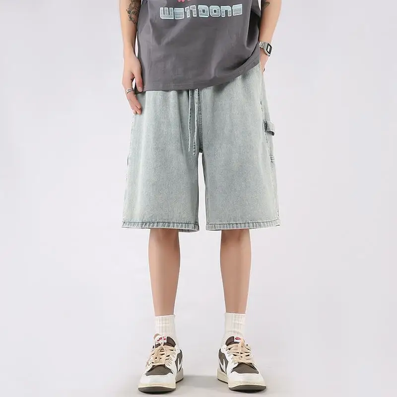 Men's Trendy Washed Cargo Denim Shorts Loose Fit American Retro Knee-Length for Summer 2025 New Fashion