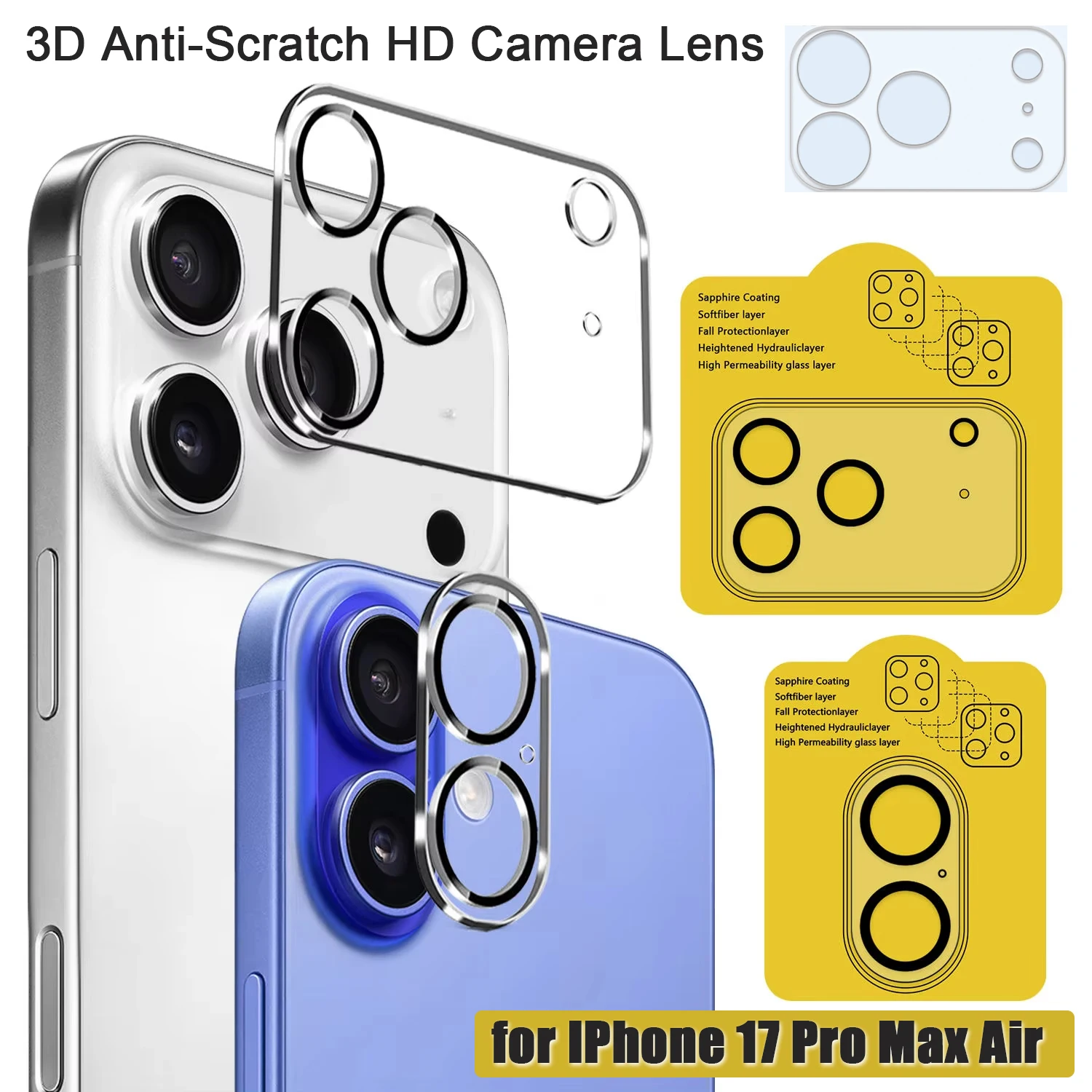 Cubierta de lente de cámara HD de vidrio templado 3D, fácil instalación, película protectora de cámara de teléfono antiarañazos 9H para IPhone 17 Pro Max Air