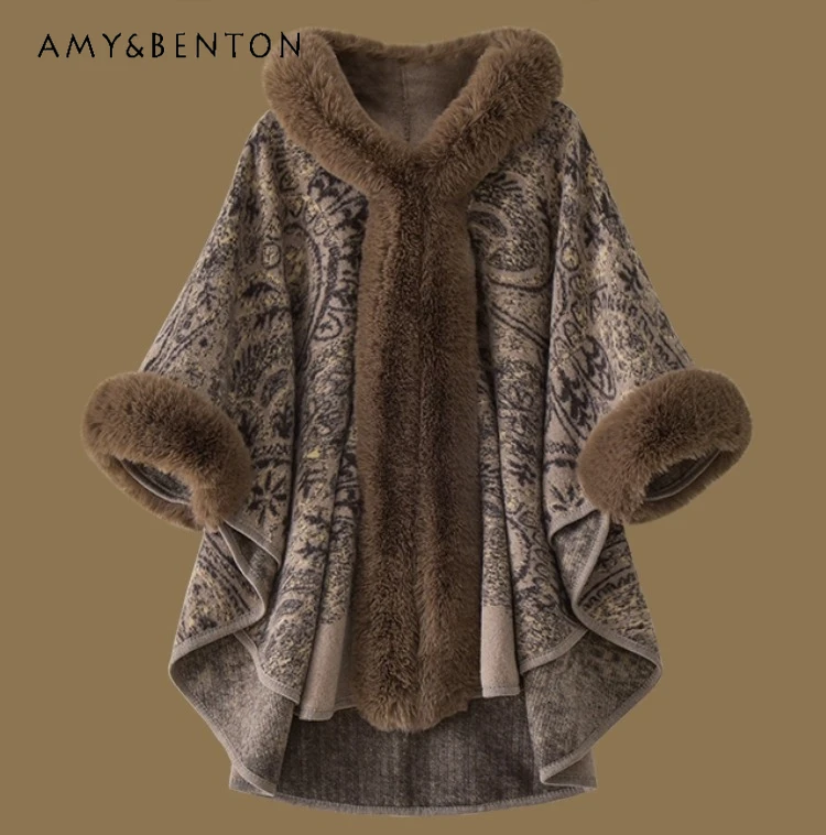 

2025 Autumn New Black Coffee Color Hooded Cape Woolen Coat Women's Fur Collar Fashion Mid-Length Khaki Shawl Outerwear