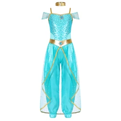 Girls Arabian Princess Costume Shiny Sequins Gem Patchwork Jumpsuit Bodysuit with Choker Halloween Cosplay Dress Up Performance