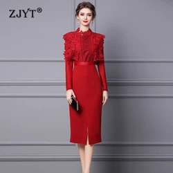 ZJYT New Autumn Long Sleeve Midi Evening Party Dresses for Women 2024 Elegant Hollow Lace Patchwork Dress Red Formal Vestidos