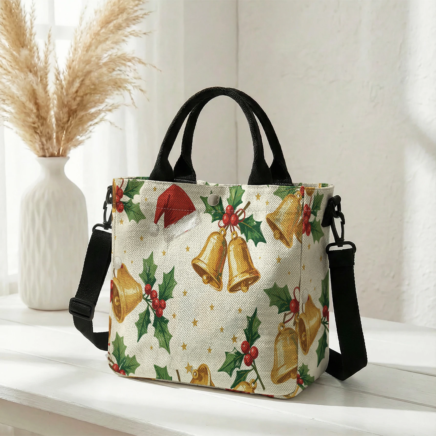 Christmas Bell Holly Seamless Print Tote Bag, Detachable Strap Crossbody Handbag For Daily Work Shopping