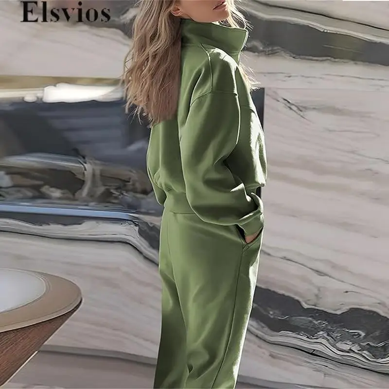 

Elegant Tracksuit Suit Autumn Winter Loose Long-sleeved Lapel Zip Shirt & Pocket Pant Outfits Women Casual Solid Two Piece Set