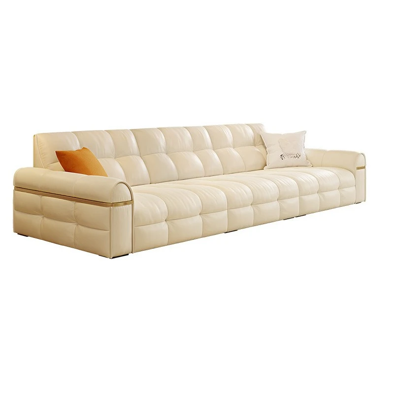 

French cream Lawrence small apartment modern simple square straight row light luxury puff leather sofa