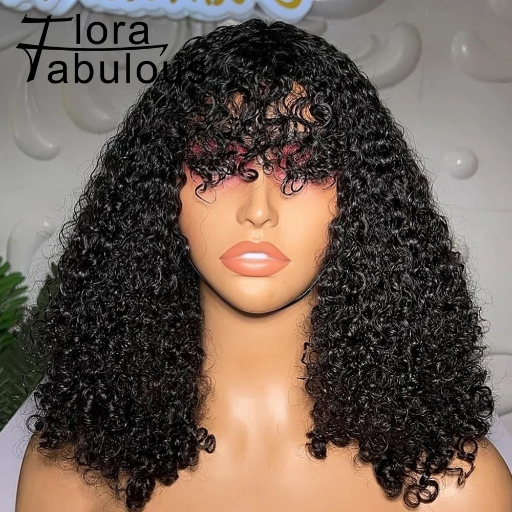 

Ready To Go Kinky Curly Wigs with Bangs 180% Density Full Machine Made Human Hair Short Curly Bob Fringe Wigs For Black Women