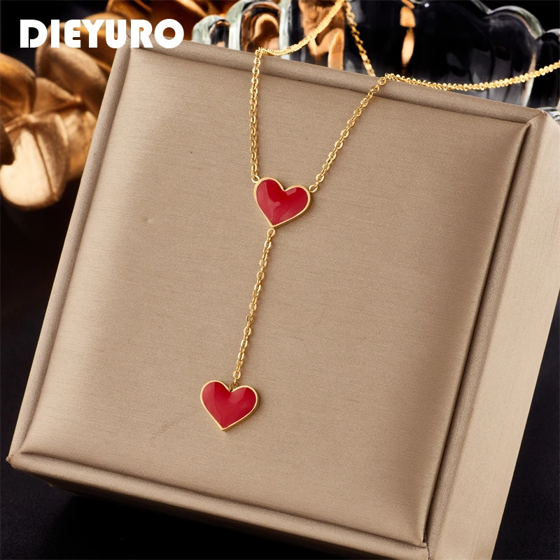 DIEYURO 316L Stainless Steel Red Heart Pendant Necklace For Women New Trend Girls Clavicle Chain Party Birthday Jewelry Gifts