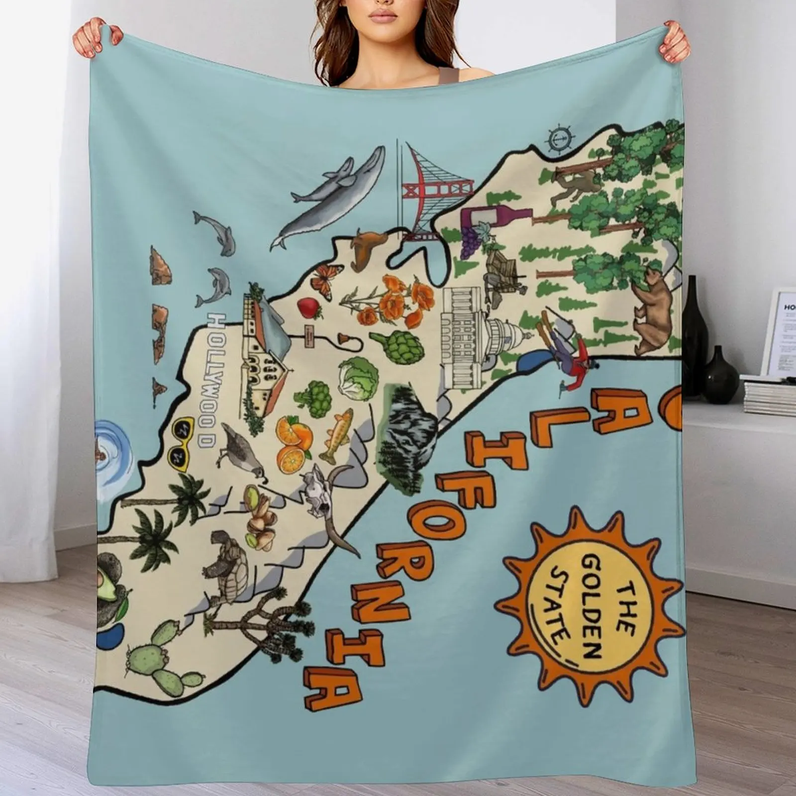 

California State Map with Colorful Pictures Throw Blanket Beach blankets ands Luxury St Thermals For Travel Blankets