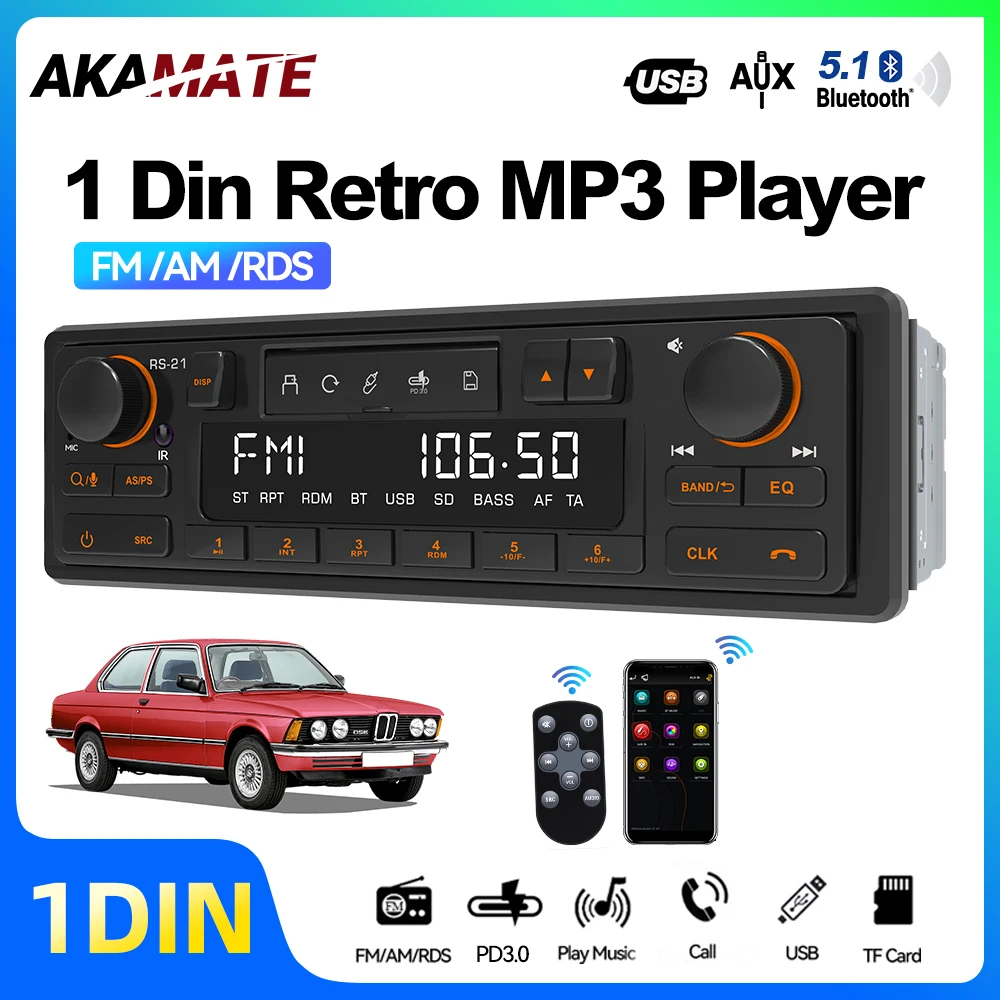 1 Din MP3 Car Radio Retro Style Bluetooth5.1 AUX FM AM RDS EQ QC3.0 Voice Control 12V Multimedia Stereo Head Unit USB TF Player