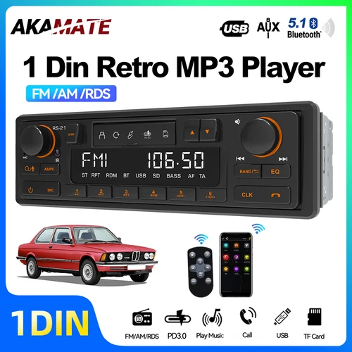 Imagen 1 del producto Radio para Auto MP3 1 Din, Estilo Retro, Bluetooth 5.1, AUX, FM, AM, RDS, EQ, QC3.0, Control por Voz, 12V, Unidad Principal Estéreo Multimedia, Reproductor USB TF