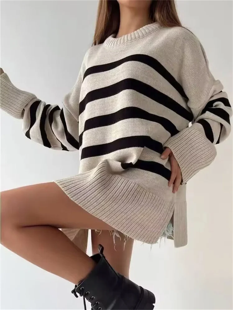 Khaki Striped Knitted Sweater Female Jumpers Long Sleeve Knitting Pullovers Women Pull Tops Autumn Winter White Loose Sweaters