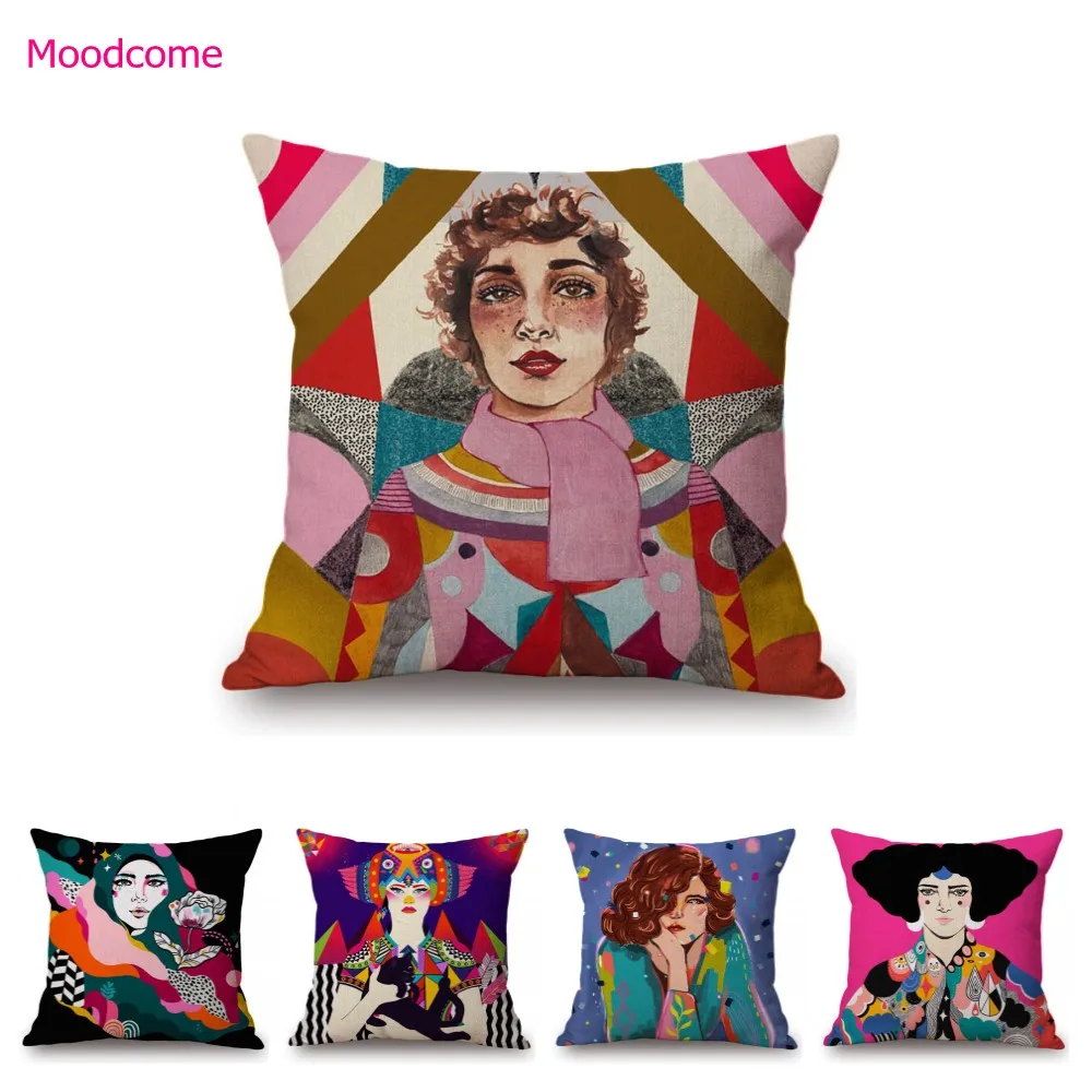 Colorful Cartoon Fashion Lady Art Abstract Impression Girl Decorative Sofa Pillow Case Cozy Leisure Cotton Linen Cushion Cover