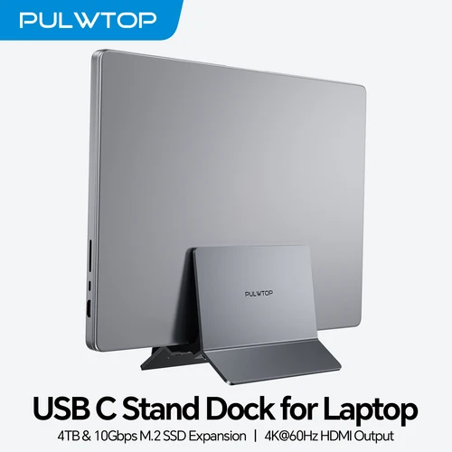 Imagen 1 del producto Estación de acoplamiento vertical para computadora portátil PULWTOP con expansión SSD M.2, HD 4K, RJ45, USB-C, 2 USB-A para portátiles tipo C con todas las funciones