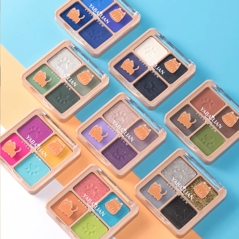 Sombra fosca-quad Olive Green, Dusty Blue e paleta rosa silenciada, fórmula pigmentada e mistura para looks de maquiagem profissional