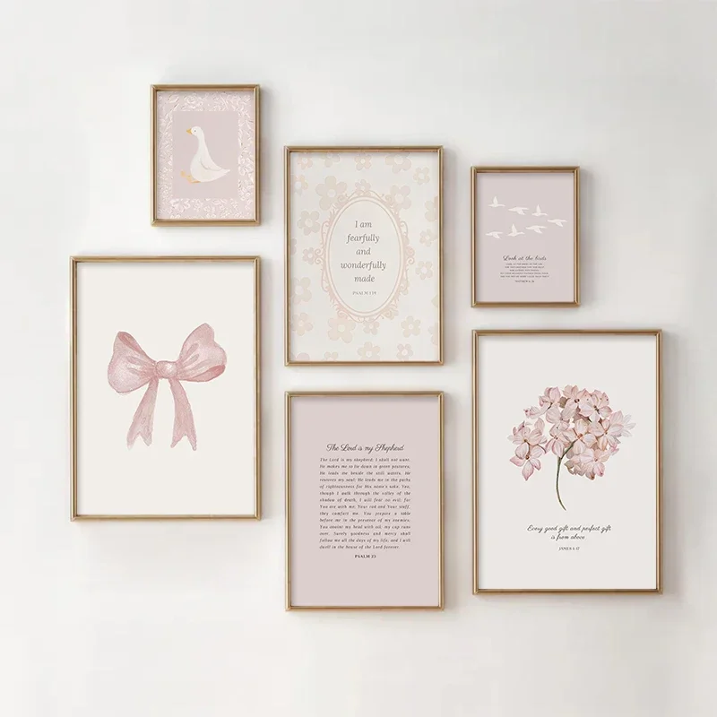 Pink Boho Bow Field Garden Canvas Painting Christian Bible Scripture Art Poster Gallery Wall Decor for Girls Bedroom Wall Art