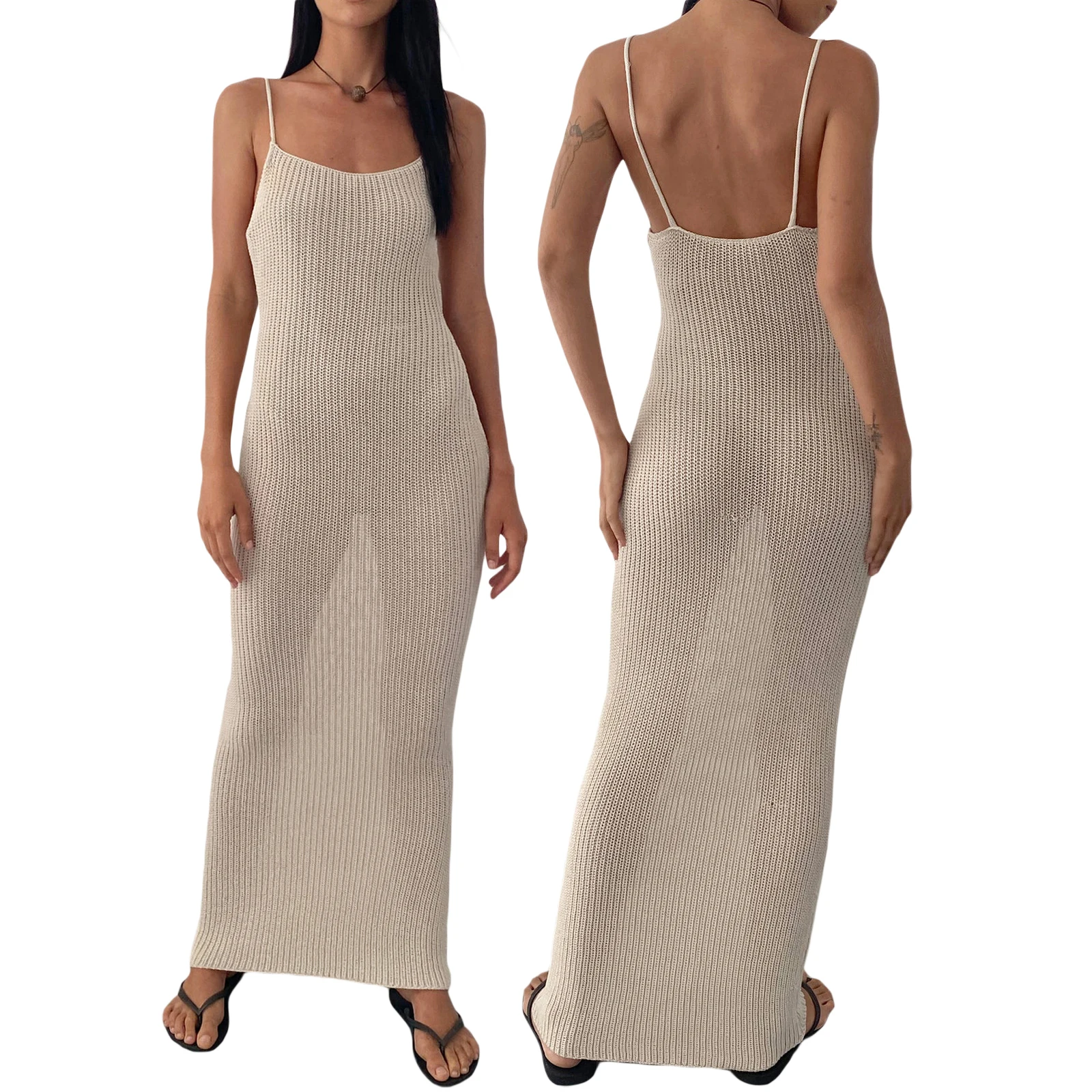 

Women Knit Sleeveless Dress Solid Color Summer Spaghetti Strap Long Party Dress for Cocktail Beach Streetwear