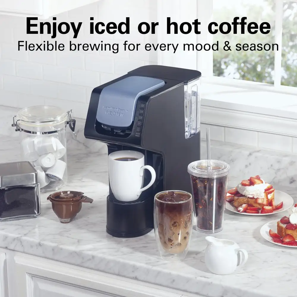 FlexBrew Single-Serve Iced Hot Coffee Maker Removable Water Reservoir Black 49921 Fast Brewing 6 Servings Custom Sizes Pods