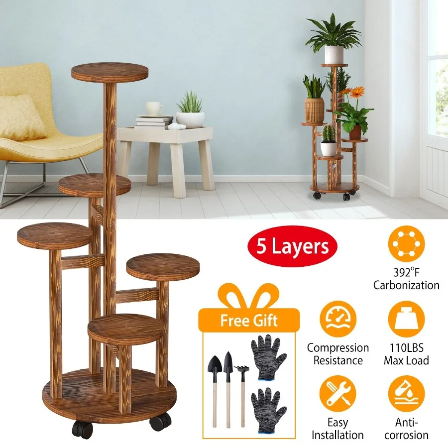 

5 Tier Plant Stand with 4 Detachable Wheels Wooden Plant Pot Rolling Shelf Plant Display Rack for Indoor Outdoor Dration