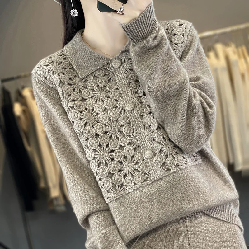 Heavy Cashmere Sweater for Women, 100% Cashmere, Solid Color, Loose Wool Knit Bottoming, Polo Lapel, Thick Sweater