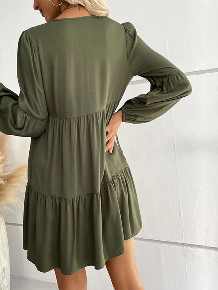 M 2023 New Women's Fashion V Neck Long Sleeve Green Lace Up Early Autumn Loose Dress For Ladies Solid Color Chic Dresses