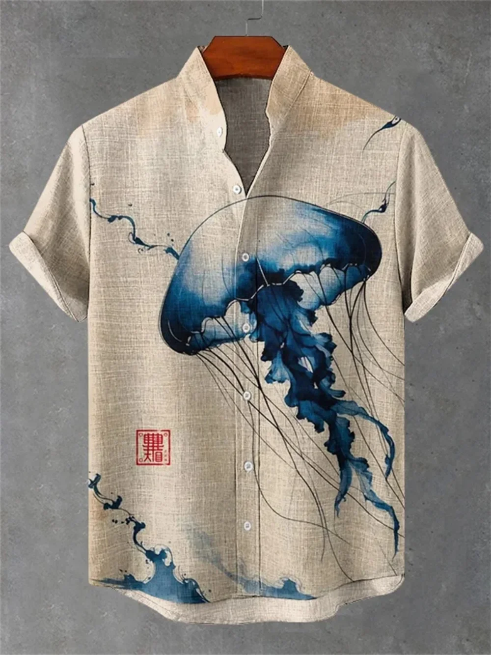 

Men's plus Size Linen Shirt Jellyfish Print Hawaiian Beach Vintage Fashion Stand up Collar Short Sleeved Fast Shipping