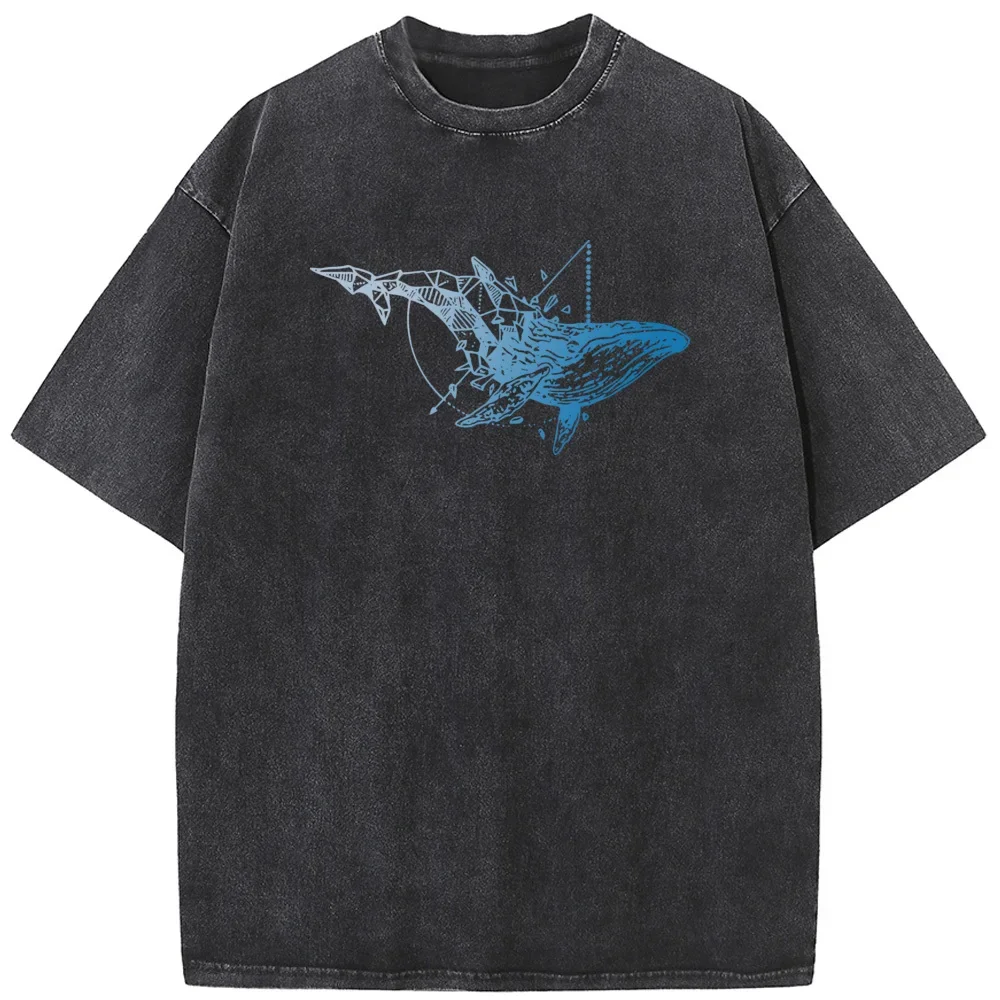 

Whale Geometry Unisex Washed T-Shirt 2023 Novelty 230g Cotton Summer Bleached Tshirt Funny Casual Loose Bleach Tops Tee