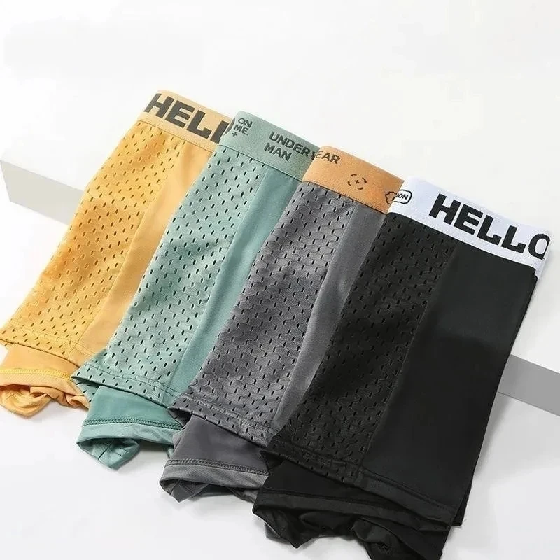 4pcs Men\'s Underwear Ice Silk Men Panties Boxer Shorts Breathable Mesh Man Underpants Male Thin Sexy Elastic Boxers L-4XL