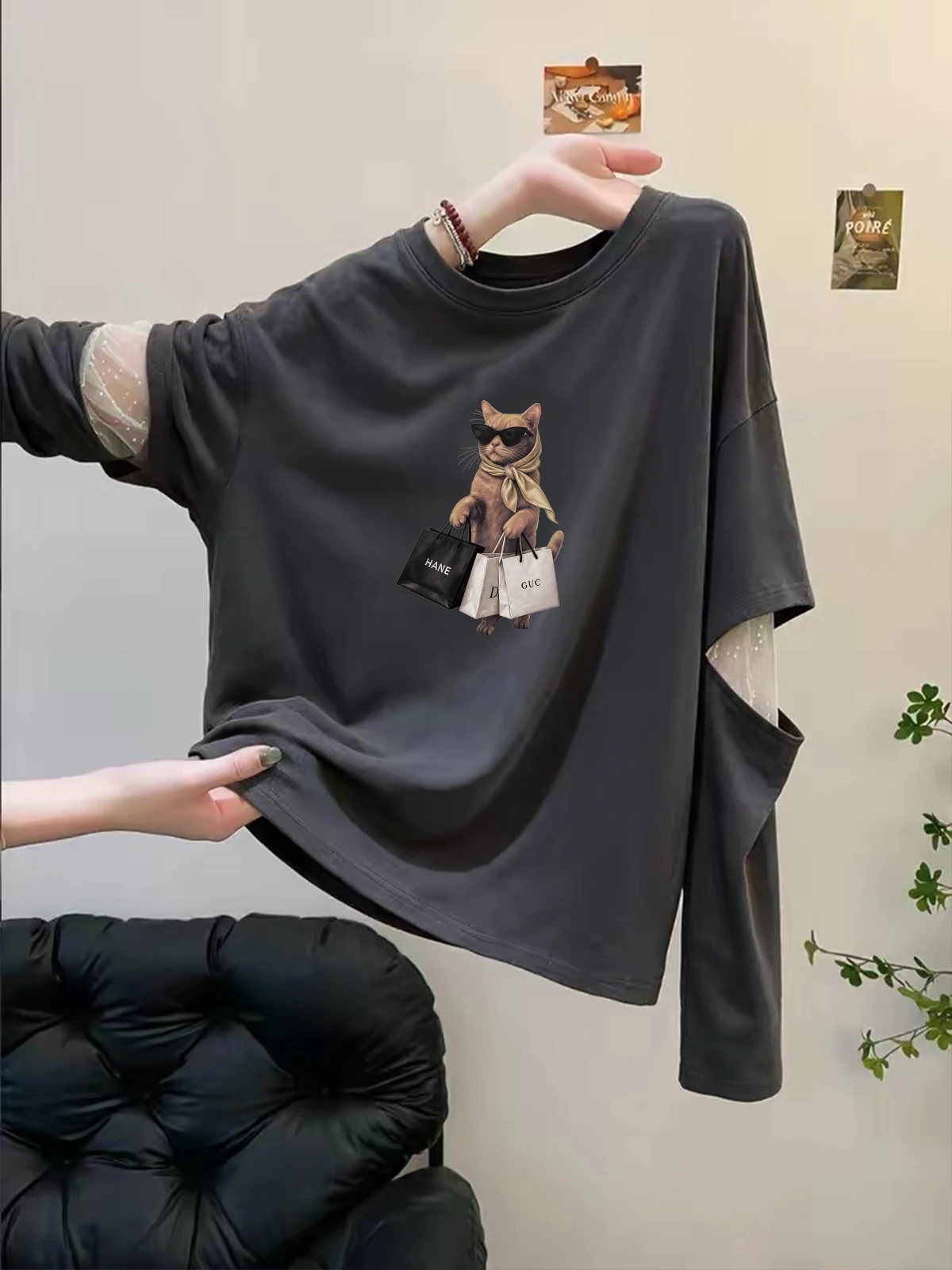 High-End Women's Long Sleeve T-Shirt Mesh Splicing Fake Two-Piece Autumn Fashion Versatile Beautiful Top Relaxing Style Creat...