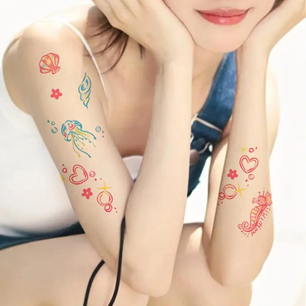 น่ารัก Tattoo สติกเกอร์ Dolphin Seahorse เต่าปลาดาวยาวปลอมชั่วคราวสติ๊กเกอร์ Tattoo กันน้ํา Ocean S J3Q3