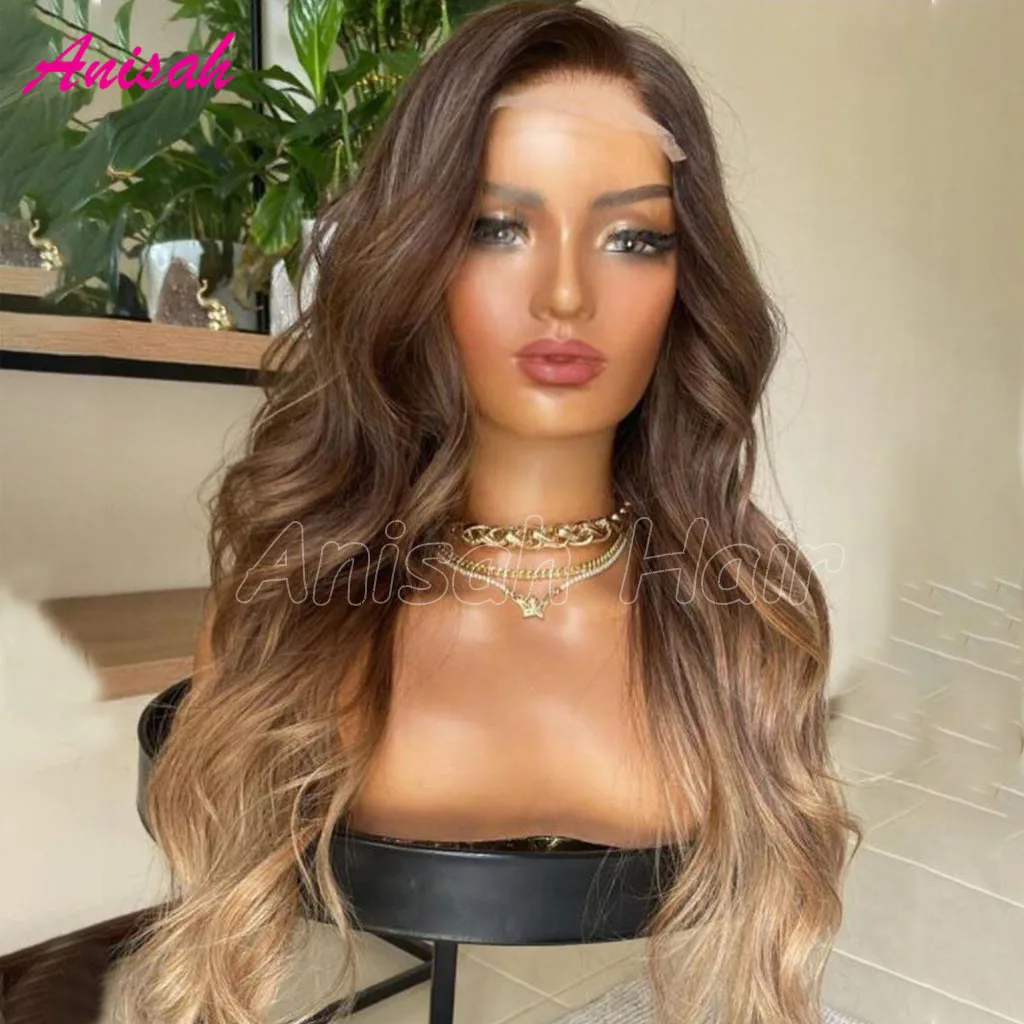 HD peruca de cabelo humano frente do laço transparente para as mulheres, gradiente marrom e cinza loira colorida, 13x4 Lace Front, Guleless Highlight